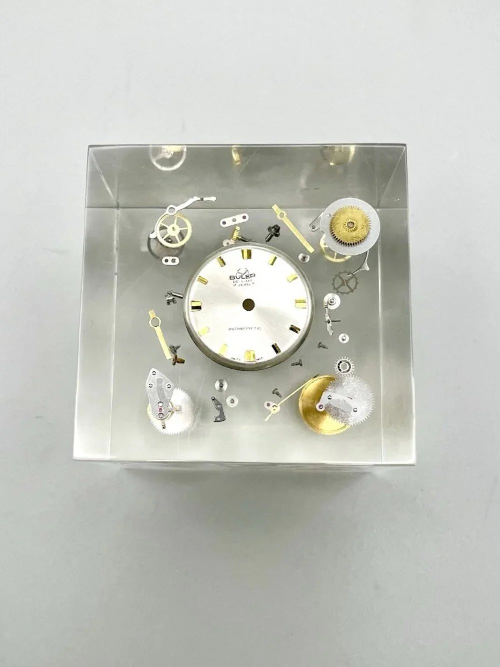 Vintage Buler De Luxe 17 Jewel Swiss Watch Movement Lucite Paperweight MCM